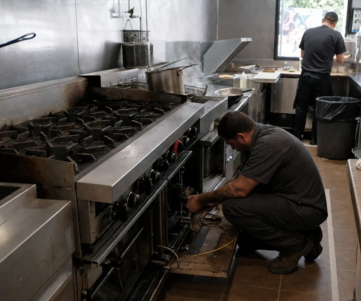 A canopy hood and its duct riser above a heavy range in a stainless kitchen