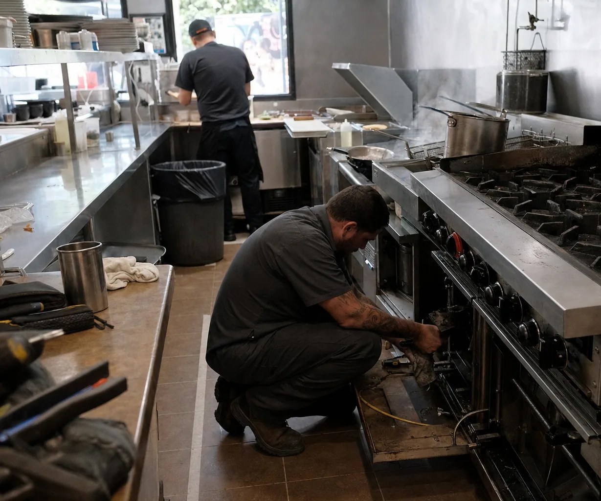 A technician kneeling at an open range in a stainless kitchen, a tool bag on the counter beside him