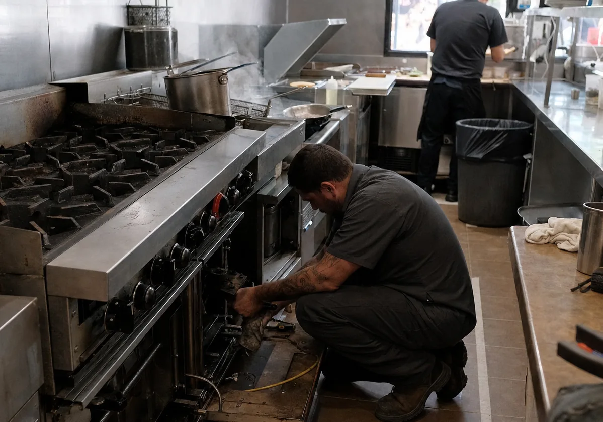 A stainless kitchen line with a technician kneeling at an appliance opened at floor level, tools on the counter behind