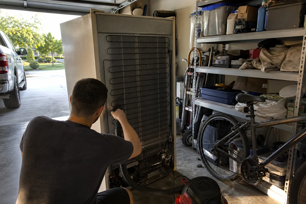 A tall refrigerator turned around in an open garage, its back coil grid exposed while a man crouches and runs a shop vacuum hose across the coils beside steel storage shelving