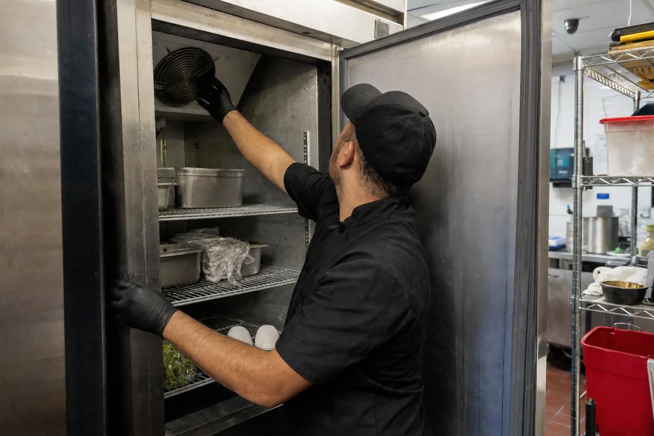 A gloved hand reaching to the evaporator fan at the top of an open stainless refrigerator cabinet