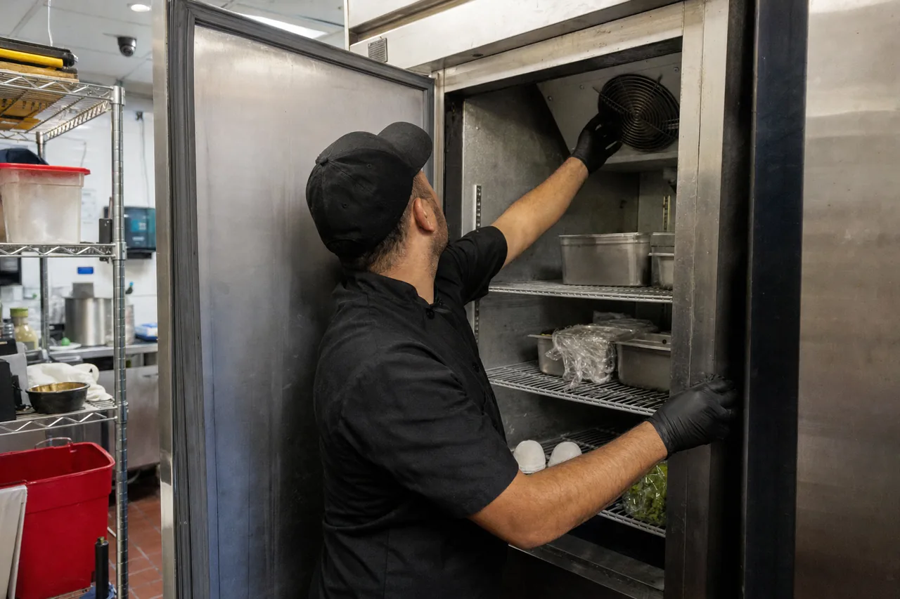 A refrigerator standing open with its shelves loaded, a hand at the evaporator fan housing above