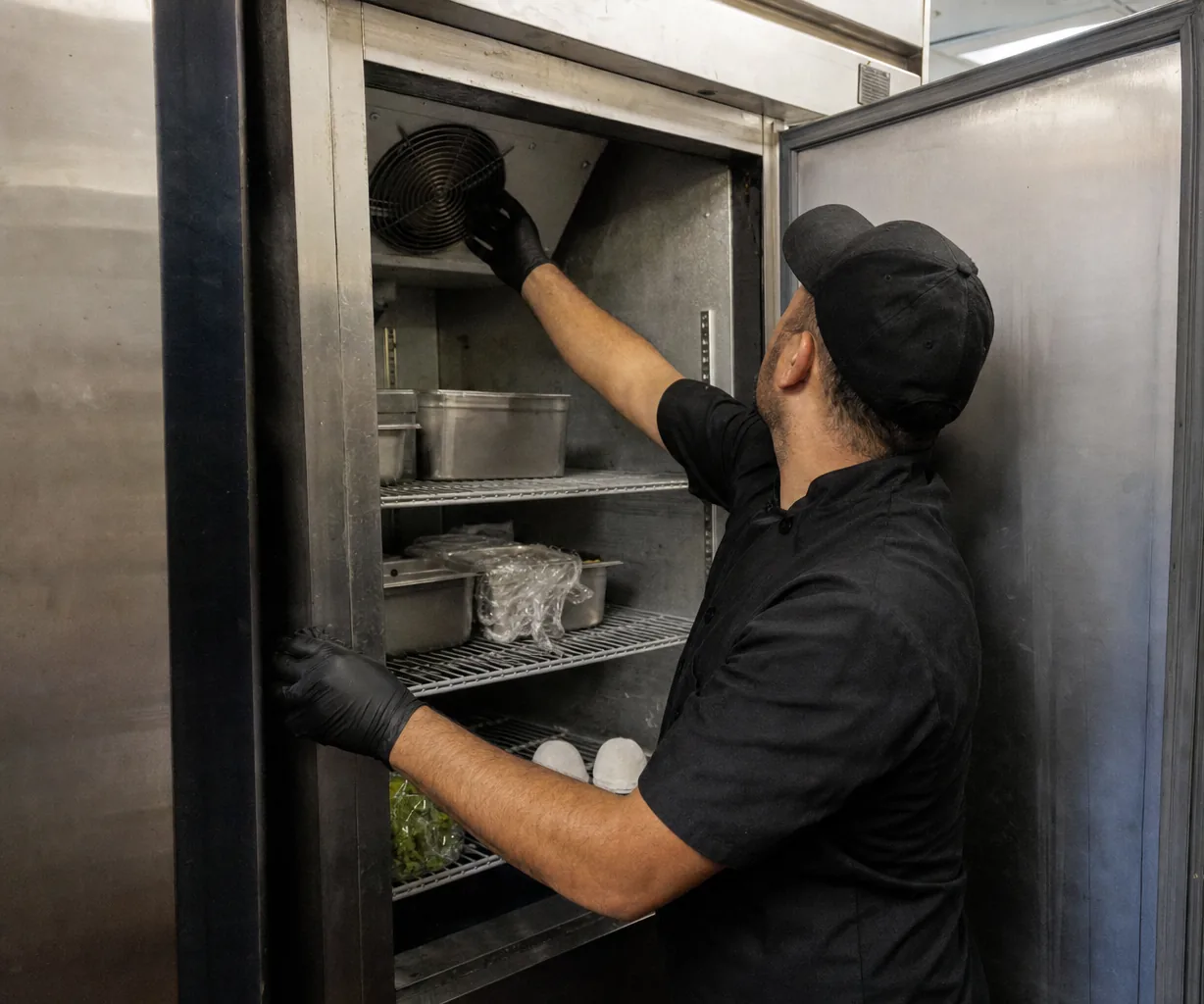 A technician reaching into the upper compartment of an open refrigerator to check the fan behind the shroud