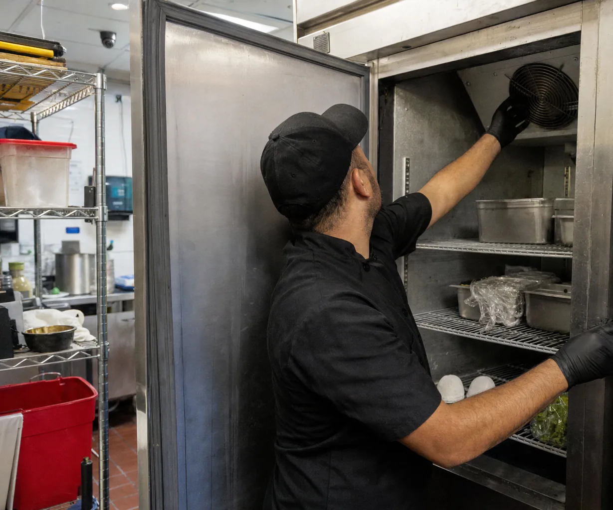 A gloved hand at the fan shroud inside an open refrigerator, shelves of stored food below
