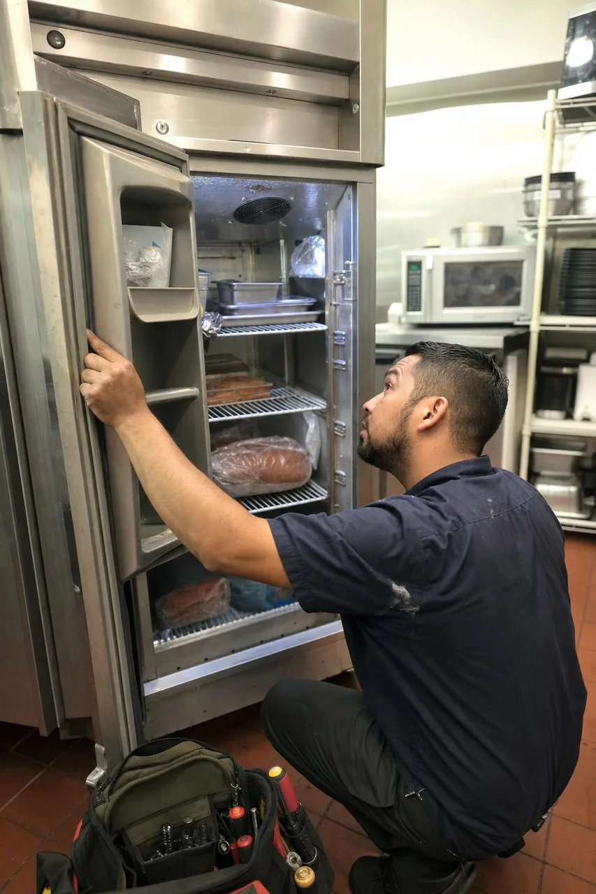 A stainless refrigerator door held open by a technician, shelves and stored food visible inside