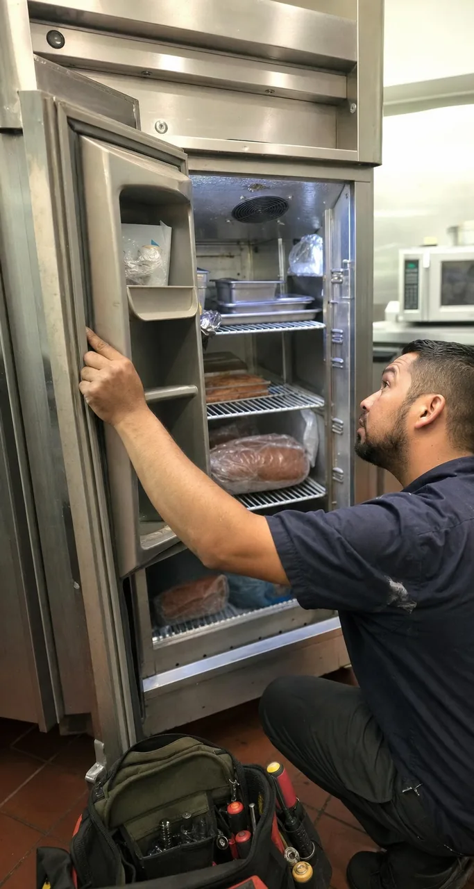 The open door and loaded shelves of a stainless refrigerator, a technician crouched at the lower compartment