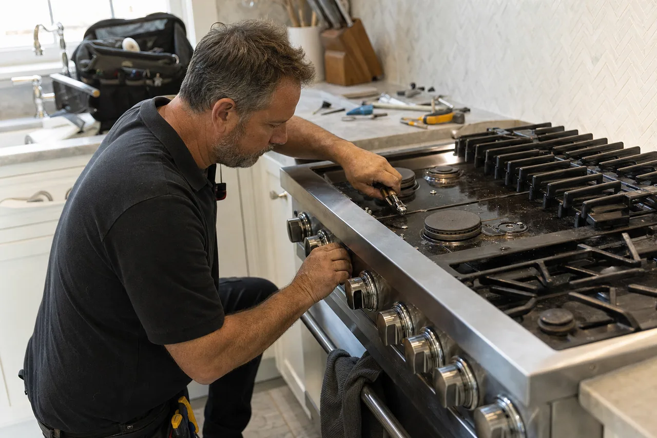 A technician turning a burner knob on a pro-style gas range while working at the burner caps above it
