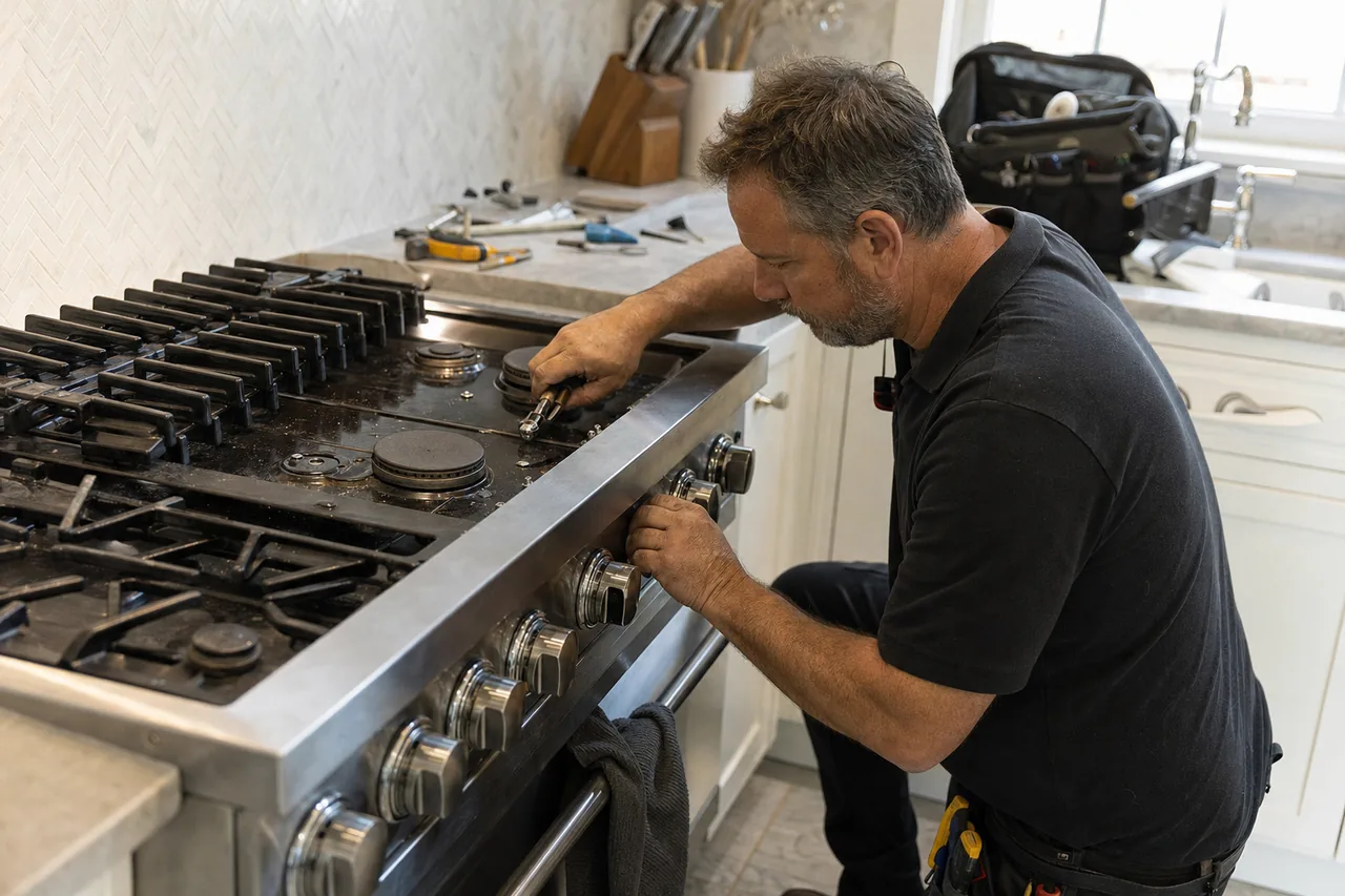The control panel and heavy cast grates of a stainless range, seen over the technician working at it