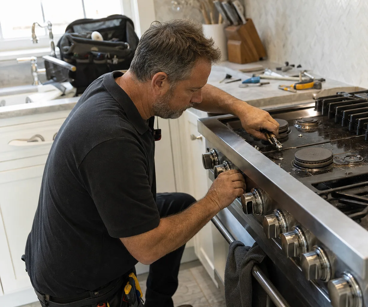 A technician leaning in at the oven controls of a stainless range, knives and tools on the counter behind