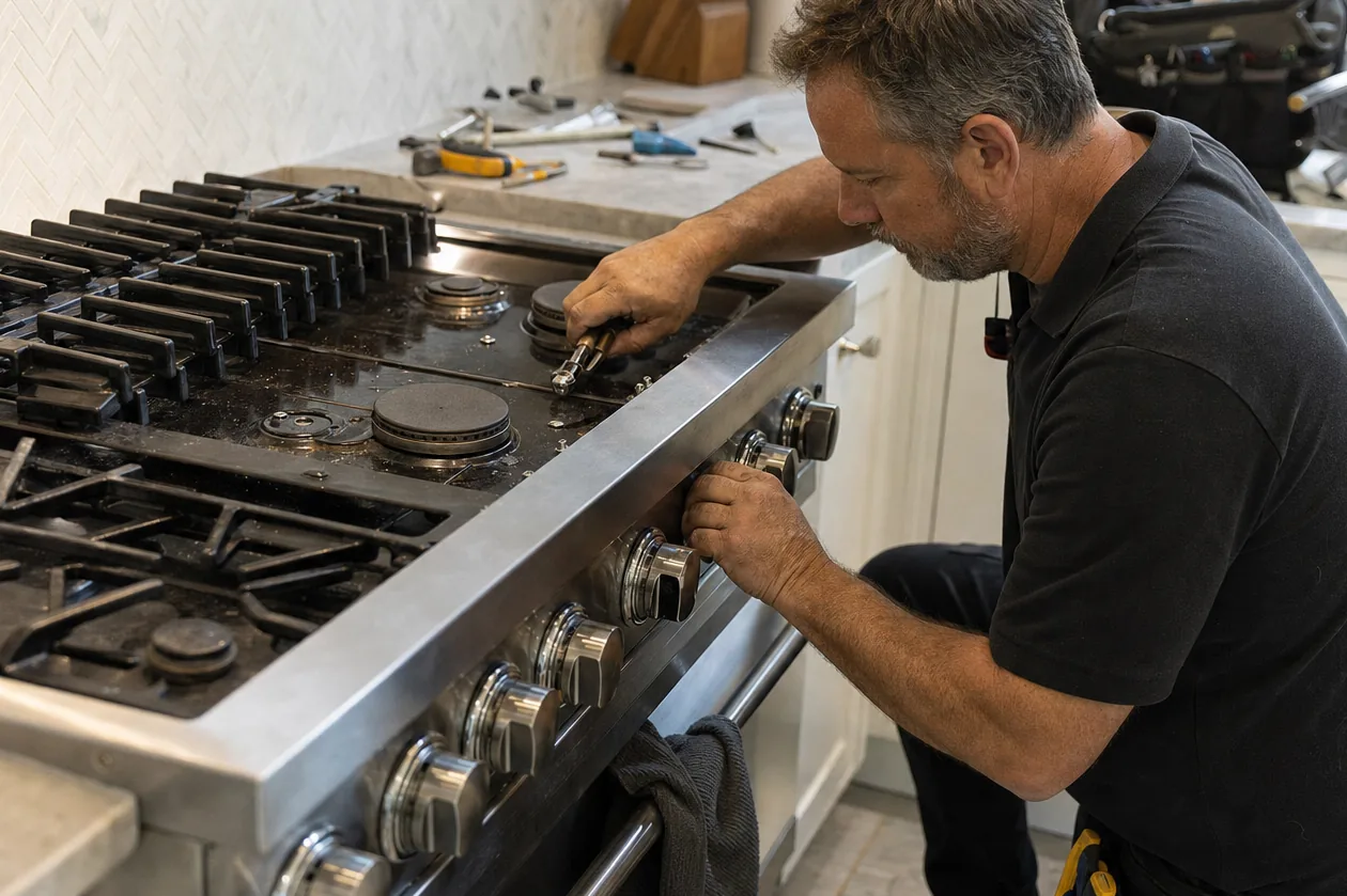 A technician at work along the front of a pro-style stainless range, tools and a knife block on the counter