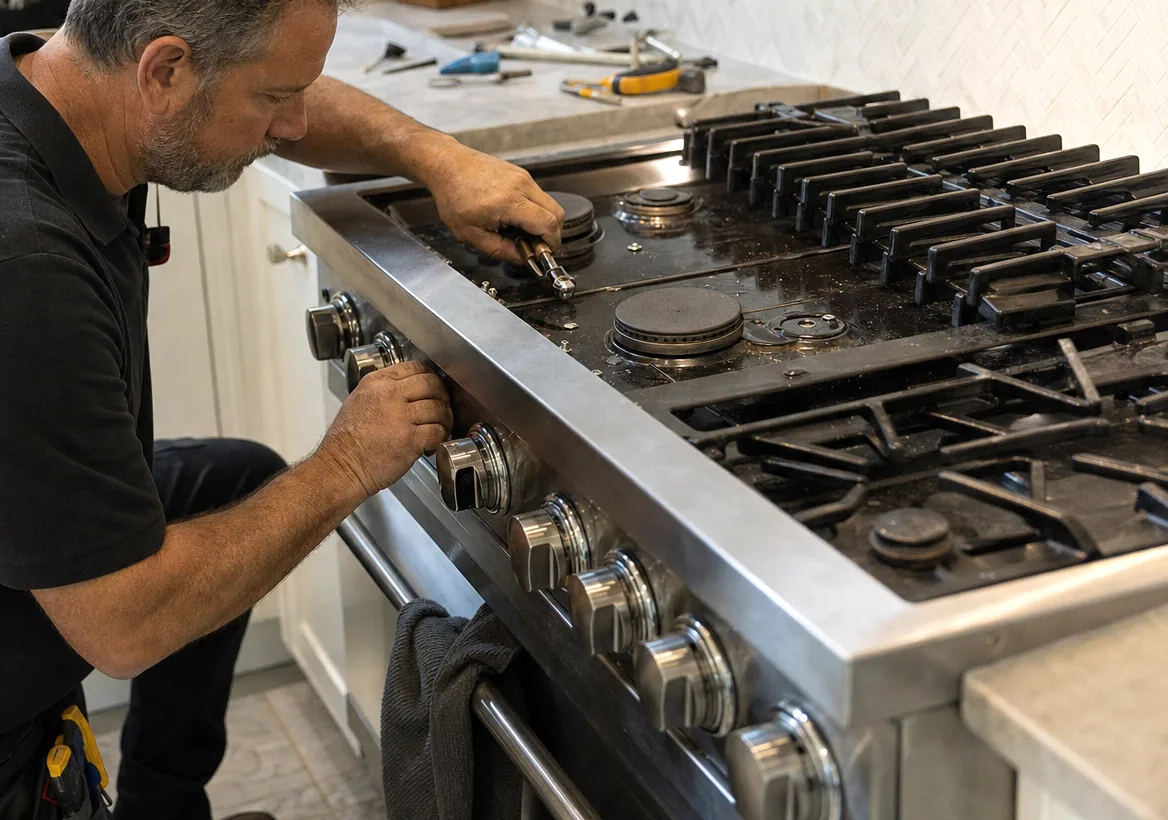 Cast-iron grates and burner caps across the top of a stainless range, one cap lifted clear